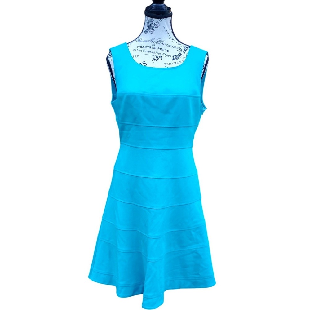 Trina Turk Nikola Turquoise Blue Sleeveless Tiered Banded Fit & Flare Dress Sz 8